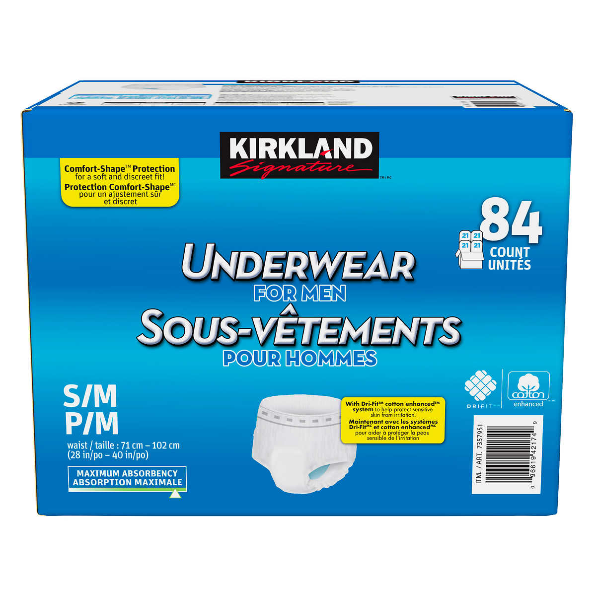 Kirkland Signature Men Small/Medium Protective Underwear, Pack of