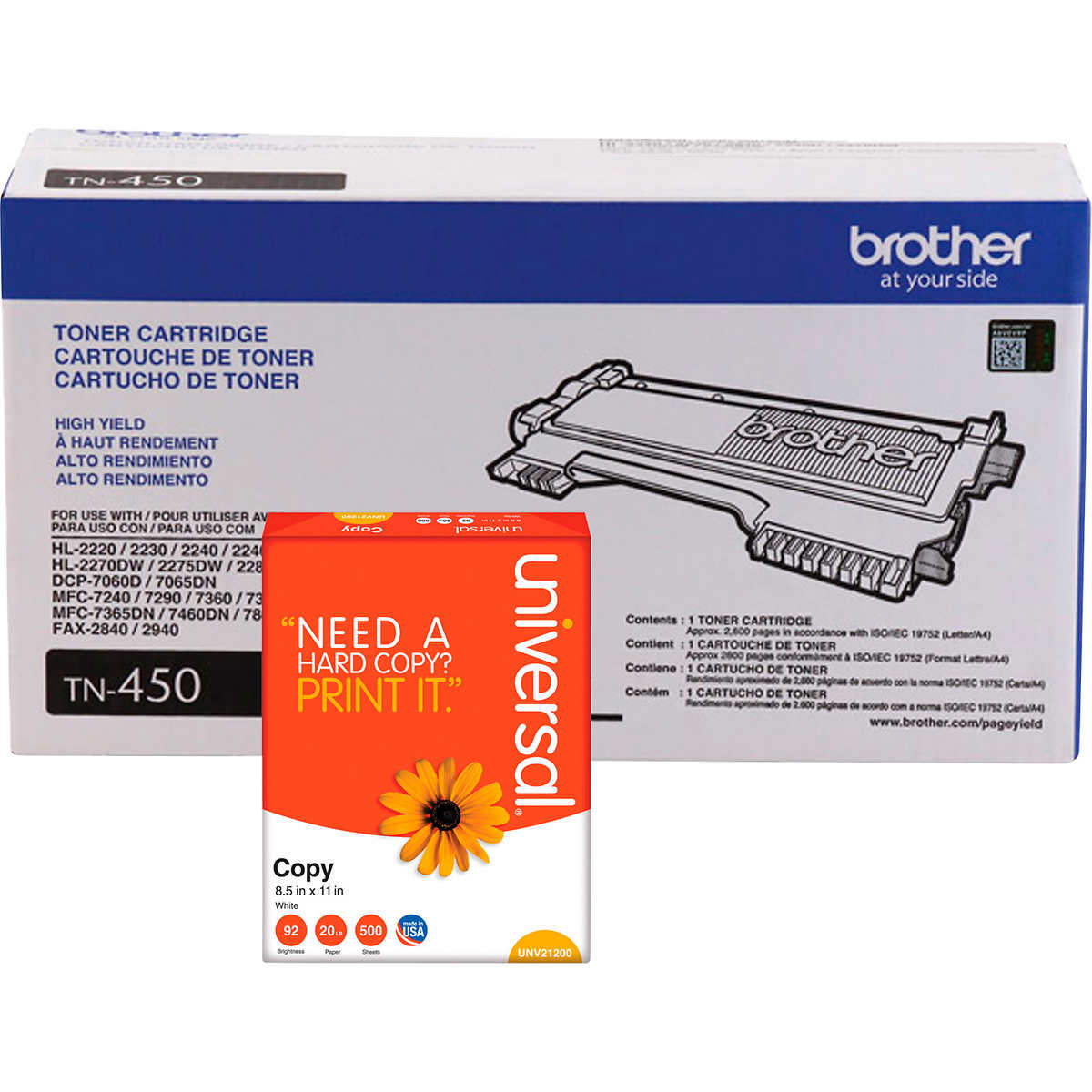 2pk For Brother TN-450 Black Toner Cartridge HL-2270DW/2280DW MFC-7360N/7460DN 
