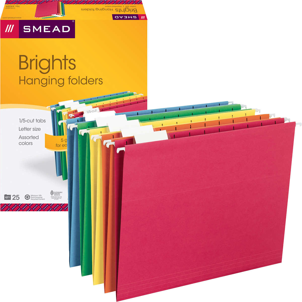 Letter Assorted Colors Smead Hanging Folder 64056 25 Per Box 1/5 Cut Tab